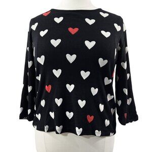 Jess & Jane Black Love Hearts 100% Cotton Beaded Top Valentine's Day Romantic